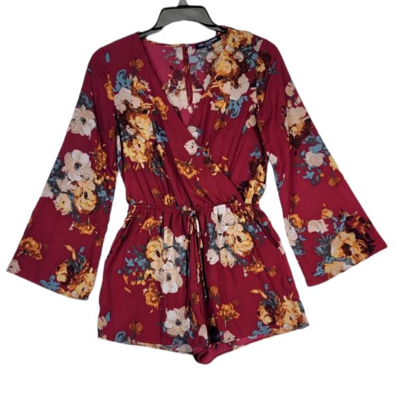 One Clothing Women Maroon Floral Casual Long Sleeve Romper Elastic Size Small - Picture 1 of 11